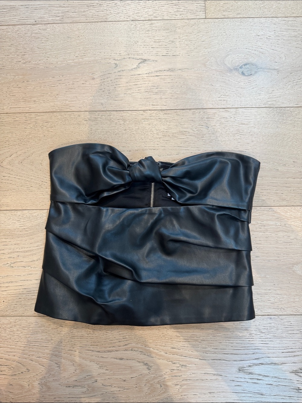Lovers + Friends Black Strapless Faux-Leather Knot Bust Dress